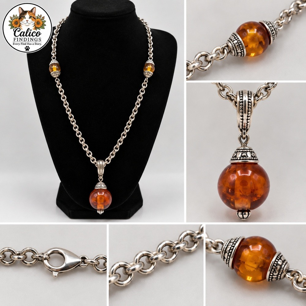 Silver Tone Rolo Chain Necklace with Amber Resin Orb Pendant Bohemian Style 24in